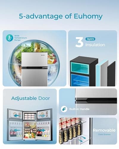 EUHOMY Mini Fridge with Freezer, 3.2 Cu.Ft Mini Refrigerator fridge, 2 door For Bedroom/Dorm/Office/Apartment - Food Storage or Cooling drinks, Silver