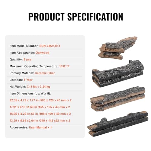 VEVOR 8 Pcs Oak Logs, Gas Fireplace Ceramic Logs for Fire Place, Heat-Resistant Wood Log Gas Realistic Logs, Stackable Wood Branches for Gas Fireplace, Firebowl Indoor or Outdoor