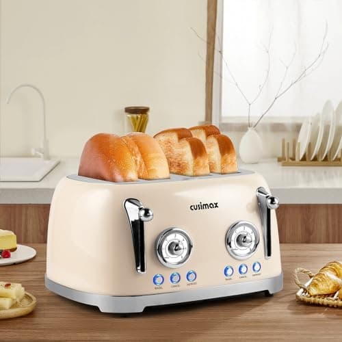 CUSIMAX Retro 4 Slice Toaster With Wide Slots for Bagels, Stainless Steel, 6 Toast Settings, Bagel, Cancel, Defrost & Reheat Functions, Dual Independent Control Panels, Cream