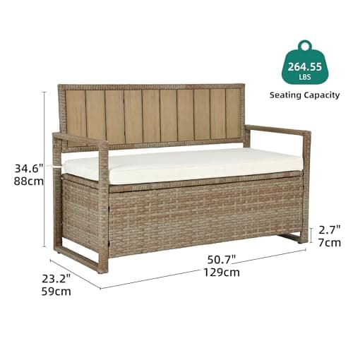 DWVO 70Gal Outdoor Storage Bench with Cushion & Composite Wood Backrest, All-Weather Wicker Deck Bench with Rustproof Bag, Poolside, Patio, Garden (Sand Beige)