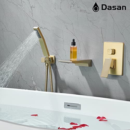 DASAN Waterfall Tub Filler Faucet Wall Mount with Hand Shower, Modern Wall Mounted Bathtub Faucet Brushed Gold Tub Faucet with High Flow Rough in Valve, SA-TF01WH-BG