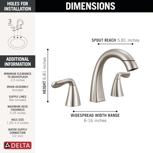 Delta Arvo Brushed Nickel Bathroom Faucet with Sprayer, 8 Inch 3 Hole Widespread Bathroom Sink Faucet with Pull Out Sprayer, Push-Pop Drain, SpotShield Stainless 35840LF-SPPD
