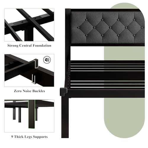 Feonase Full Size Metal Bed Frame, Heavy-Duty Platform Bed Frame with Linen Upholstered Headboard, 12" Storage Space, Steel Slats Support, No Box Spring Needed, Gray
