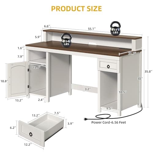 DWVO Farmhouse Office Desk with Drawer & Power Outlets, Wood Computer Desk w/LED Strip & Monitor Stand for Bedchamber Study, Home Office Table with Storage Cabinet for Working Writing Gaming (White)