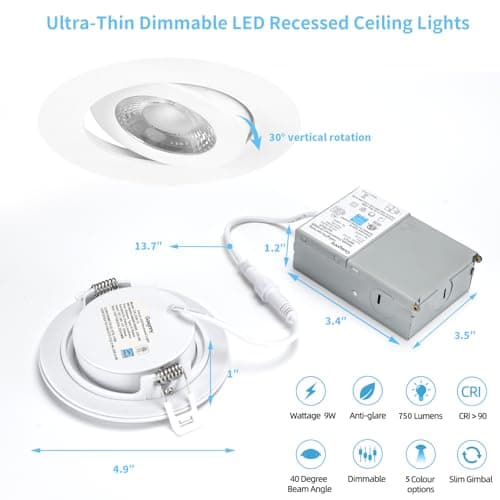 16 Pack Led Recessed Light 4 Inch,Adjustable Eyeball Gimbal, LED Recessed Lighting with Junction Box 9 Watts 750Lm Dimmable Ceiling Light ETL Listed (2700K/3000K/3500K/4000K/5000K Option)