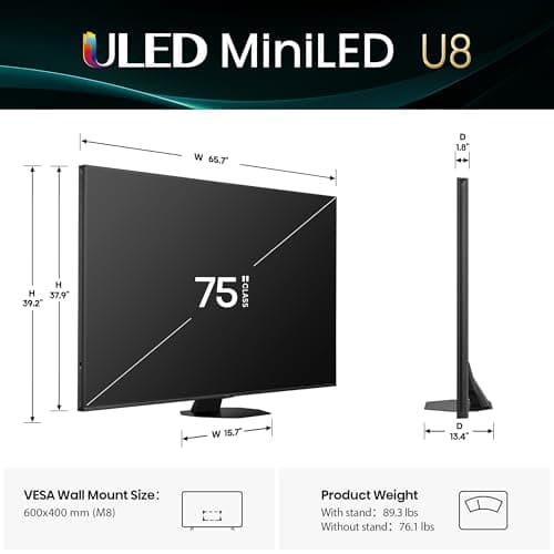Hisense 75" Class U8 Mini-LED ULED 4K UHD Google Smart TV (75U8QG, 2025 Model) - QLED, Native 165Hz, VRR 288, Up to LD5600, 5000 Nits, HDR10+, Dolby Vision IQ · Atmos, IMAX Enhanced, 4.1.2 Ch Audio