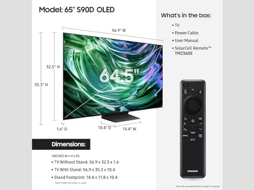 Samsung 65-Inch Class OLED 4K S90D Series HDR+ Smart TV w/Dolby Atmos, Object Tracking Sound Lite, Motion Xcelerator, Real Depth Enhancer, 4K AI Upscaling, Alexa Built-in (QN65S90D, 2024 Model)