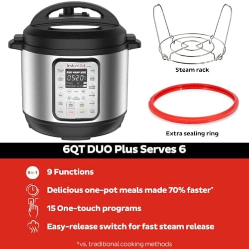 Instant Pot Duo Plus 9-in-1 Multicooker, Pressure Cooker, Slow Cook, Rice Maker, Steamer, Sauté, Yogurt, Warmer & Sterilizer, Includes App With Over 800 Recipes, Stainless Steel, 6 Quarts