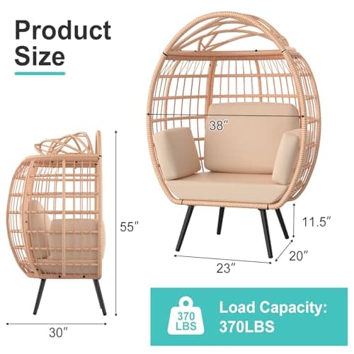 ZENPETIO Oversized Egg Chair, Indoor Outdoor Lounger with 4 UV Resistant Cushions, Storage Bag, All-Weather Wicker Egg Lounger Chair for Patio, Backyard, Living Room, 370lbs Capacity - Brown