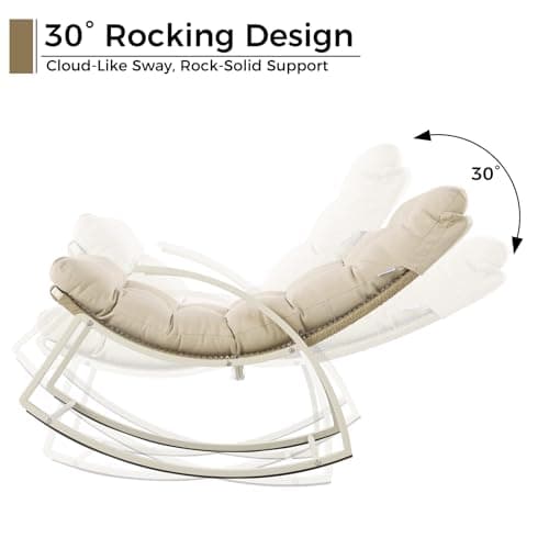 IRONCK Patio Rocking Chair, Outdoor Rocking Chair with Armrest and Cushion, Handwoven Twisted Rattan Rocker for Indoor Living Room Balcony Garden Porch, Beige