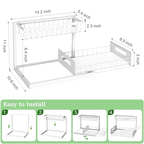 REALINN Under Sink Organizer, Pull Out Cabinet Organizer 2 Tier Slide Out Sink Shelf Cabinet Storage Shelves, Under Sink Storage for Kitchen Bathroom Cabinet, White, 1 Pack