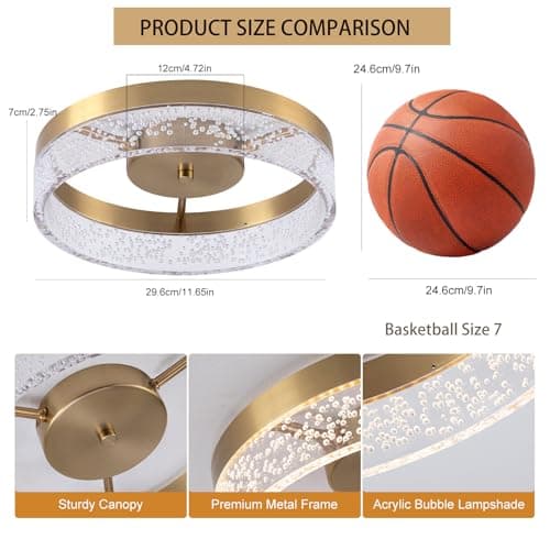 Jaycomey Modern LED Ceiling Light Fixture, 11.65" Flush Mount Kitchen Lighting Gold with Clear Seeded Acrylic Lampshade,Round Ceiling Lamp Lights for Hallway Dining Room