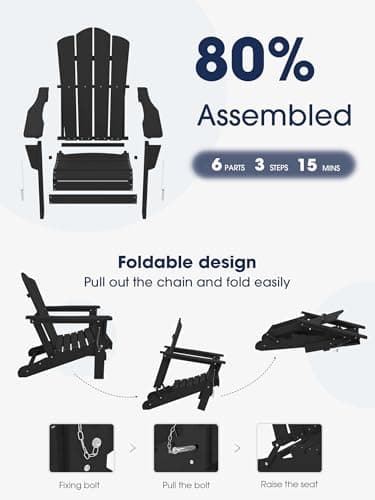 KINGYES Folding Adirondack Chair Set of 6, HDPE All-Weather Patio Chairs, Wooden Textured Lawn Chair for Poolside, Backyard, Deck, Fire Pit, Black