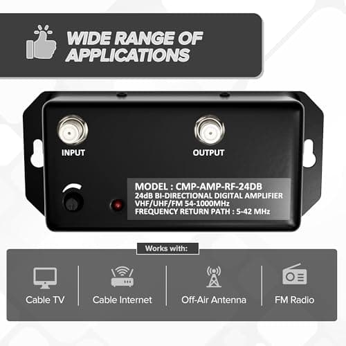 THE CIMPLE CO Antenna Amplifier, Digital TV Signal Booster, Adjustable Gain, 24 dB Distribution, NTSC, ATSC, FM, UHF, VHF, 1000 MHz, Includes RG6 Coaxial Cable