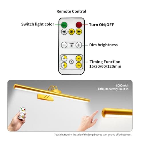 26" Wireless Picture Lights, Rechargeable Battery Art Display Light with Remote Control, Dimmable/Timer Off Dartboard Light, 3 Lighting Modes Full Metal Painting Display Lights (Gold-1 Pack)