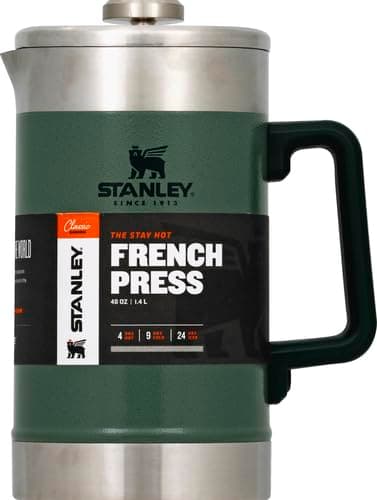 Stanley Classic Stay-Hot French Press Coffee Maker 48 oz | 5 Minute Brew, 4 Hours Hot | Mesh Filter for Coffee Grounds | Insulated Stainless Steel French Press | BPA-Free | Hammertone Green