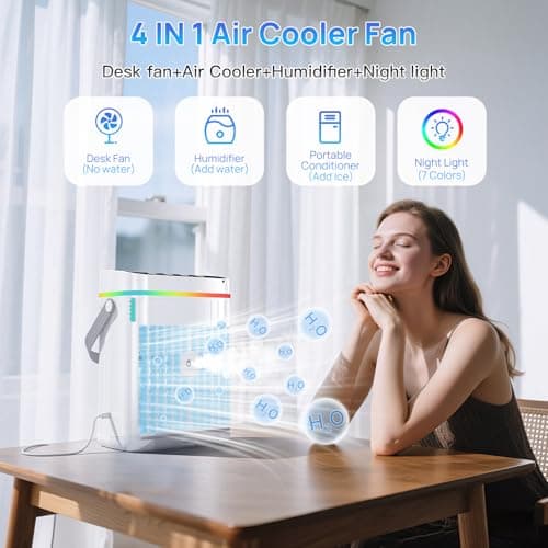 Portable Air Conditioners,1200ML Cooling fan Mini Air Conditioner with Remote Control,3 Wind Speed & 7 LED Light,3 Cool Mist& 1-3H Timer,Personal Air Conditioner Evaporative Air Cooler for Room/Office