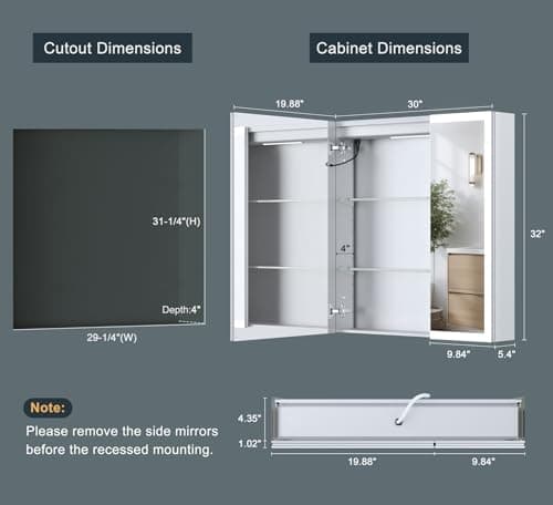 30x32 Inch Lighted Medicine Cabinet, AL Alloy Frame, Plug-in or Hardwired, Recessed or Wall Mount, Mirror Doors/3 Colors/Dimmable/Interior Sensor Light/Anti-Fog, 2 Outlets &USBs, 3 Shelves
