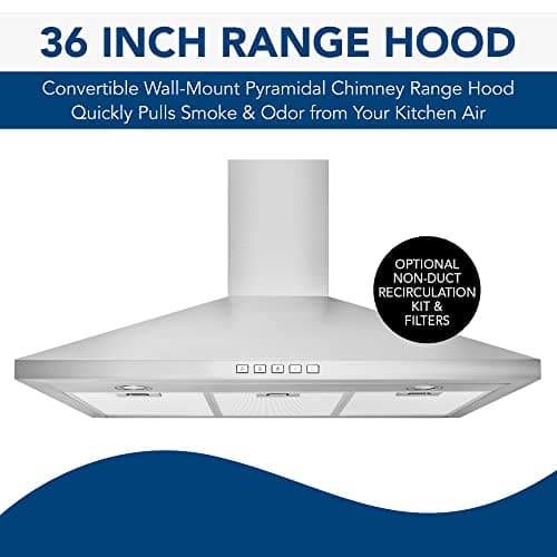 Broan-NuTone BWP1364SS Pyramidal Range LED Lighting Convertiable Wall-Mount Kitchen Chimney Vent Hood, 36-Inch, Stainless Steel