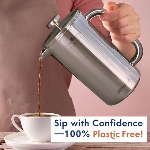 Ziruma Non-Toxic French Press Coffee Maker 316 Surgical Grade Stainless Steel, 34 Oz, 100% Plastic Free Coffee Press, Portable Press, 4 Layer Filter, Double Wall Insulated French Press