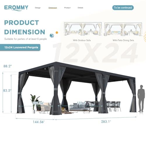 EROMMY Louvered Pergola 12' x 24' Outdoor Hard Top Pergola with Aluminum Frame and Adjustable Metal Rainproof Roof for Garden & Patio, Curtains and Netting Included, Gray-Black