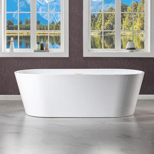 WOODBRIDGE 71" Acrylic Freestanding Bathtub Contemporary Soaking White Tub with Brushed Gold Overflow and Drain,B1701-BG