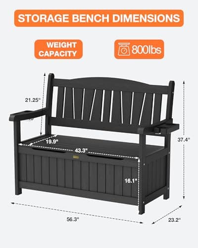 YEFU Outdoor Storage Bench for Patio: Heavy Duty Garden Bench with 96° High Backrest & Oversized Seating - HIPS Weatherproof Patio Bench with Storage for Porch Park Backyard, Black