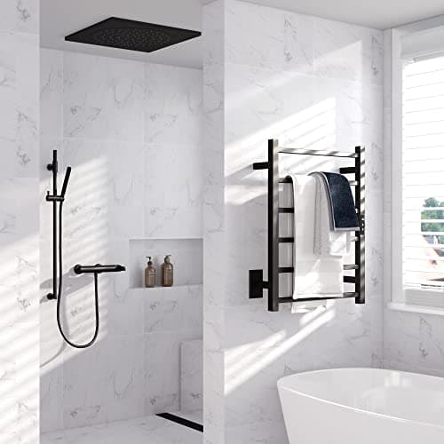 Towel Warmer Rack with 24hr Timer, Matte Black Heated Towel Rack for Bathroom, Plug-in/Hardwired, Wall Mounted 6-Bar Electric Towel Warmer with Temperature Control