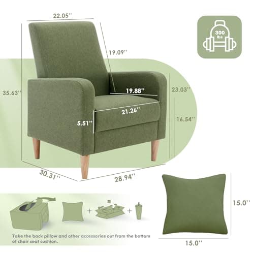 COLAMY Accent Living Room Chairs Set of 2, Upholstered Fabric Arm Chair Reading Side Chair with Back Pillow and Wood Legs, F-Green