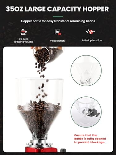 Huanyu Flat Burr Coffee Grinder Large Capacity 35oz Red and Huanyu Electric Coffee Bean Grinder with Closed Grinding System Anti-Static Design for Dust-Free Home Use Bundle