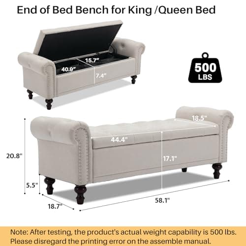 58.1'' Storage Bench Upholstered Linen End of Bedroom Bed Bench Ottoman with Tufted Cushioned Rolled Arm Large Storage Space for Reading Living Room Entryway, Beige