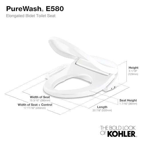 Kohler PureWash E580 Elongated Bidet Toilet Seat, White, Quiet-Close Lid Prevents Slamming, Self-Cleaning Wand, Adjustable Water Pressure with Multiple Cleansing Options