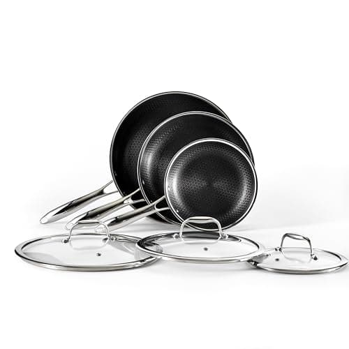 HexClad Hybrid Nonstick 6-Piece Fry Pan Set, 8, 10, and 12-Inch Frying Pans with Tempered Glass Lids, Stay-Cool Handles, Dishwasher-Friendly, Induction Ready, Compatible with All Cooktops