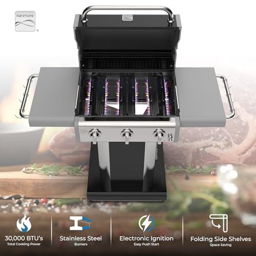 Kenmore 3-Burner Propane BBQ Grill, 30,000 BTUs Gas Grill with Cast Iron Cooking Grates, Folding Side Tables & Wheels, Outdoor Grill with Tool Hooks, Black