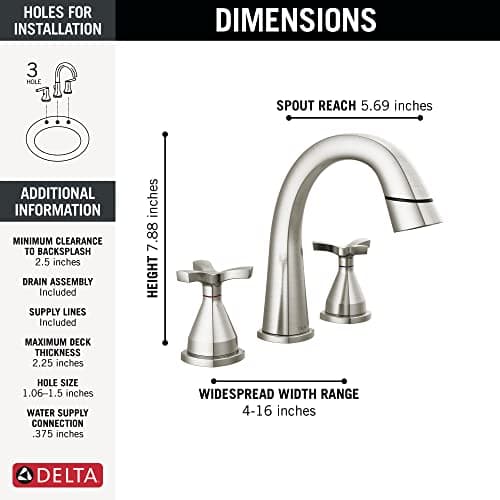 Delta Faucet Stryke Pull Down Bathroom Faucet, Bathroom Pull Out Faucet, Brushed Nickel Widespread Bathroom Faucet 3 Hole, Bathroom Sink Faucet, Lumicoat Stainless 357756-SSPD-PR-DST