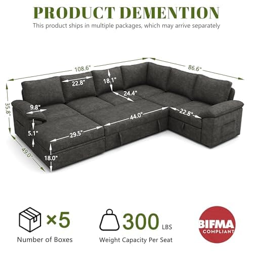108 Inch Sectional Sleeper Sofa with Pull Out Bed,U Shaped 7 Seat Modular Sectional Sofa with Storage,Sectional Couches for Living Room,Cloud Modular Couch,Removable Sofa Cover,Dark Grey
