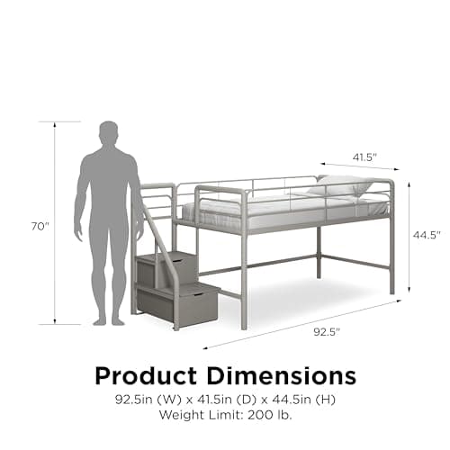 DHP Junior Twin Metal Loft Bed with Storage Steps, Multifunctional Space-Saving Solution - Silver with Gray Steps