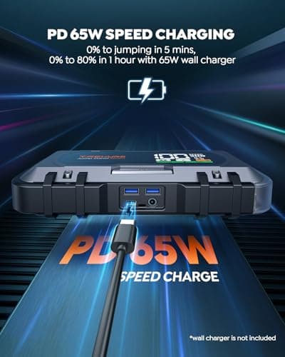 8-in-1 Car Battery Jump Starter 7000A Peak 65W Fast Charging Portable Car Battery Jumper Starter Portable (All Gas/10L Diesel) Jump Box with Extended Jumper Cables