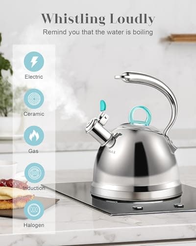 Harriet Tea Kettle Stovetop, 2.5 Quart Whistling Stainless Steel Tea Pot, 3-Layer Base, Unique Ergonomic Handle, Includes Pot Holder & Mat, Electric/Induction/Gas Stovetops Applicable, Mirror Finish
