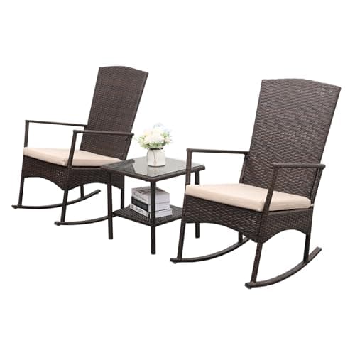 Outdoor Rocking Chair 3 Pieces High-Backed Rocking Chair Patio Rocking Chairs Outdoor Table, Khaki
