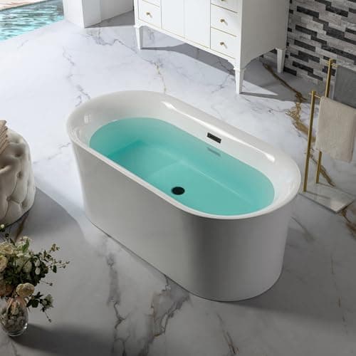 WOODBRIDGE 59" Acrylic Freestanding Bathtub Contemporary Soaking Tub with Matte Black Overflow and Drain,White Tub,B0058-MB