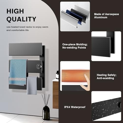 Electric Towel Warmer, 18.35" W x 22.8" H Wall-Mounted Towel Heater with Built-in Timer, Waterproof Aluminum Towel Warmer for Bathroom, Support Plug-in and Hardwired, Black, K3-R-B