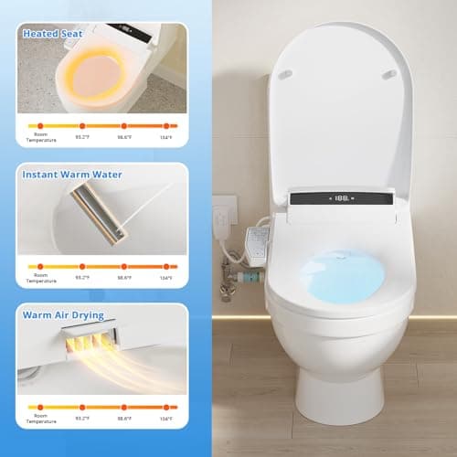 Electric Smart Bidet Toilet Seat Elongated with 4 Water Modes, Heated Toilet Seat with Instant Warm Water and Warm Dryer, Night Light, Slow Close Lid, LED Display, Side Arm Control (Round)