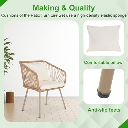 FDW 3-Piece Outdoor Furniture Modern Patio Bistro Set Rattan Conversation Set Wicker Patio Furniture Set with 2 Chairs Coffee Table Cushions Lumbar Pillows for Patio Outdoor Backyard Porch, White