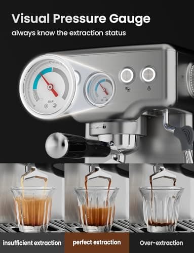 Neretva Espresso Machine, 15 Bar Espresso Coffee Machine with Visible Pressure Guage Professional Espresso Maker with Milk Frother & Stainless Steel for Home Barista Latte and Cappuccino Maker-Silver