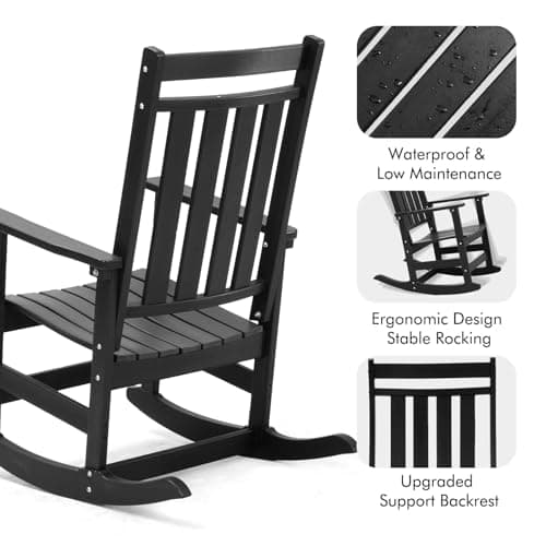 Oversized Outdoor Rocking Chairs Set of 2,All Weather Rocker Chair with More Comfortable Seat Panel for Porch Patio Outside(Black)