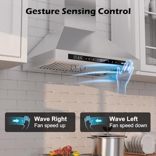 Wall Mount Range Hood 30 inch，900 CFM Kitchen Hood with Voice/Gesture/Touch Control，Vent Hood in Stainless Steel With Ducted/Ductless Convertible, 4 Speed Exhaust Fan