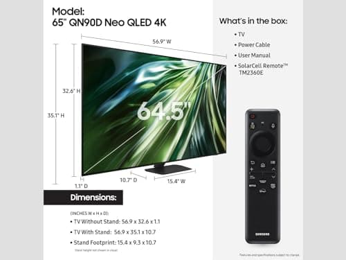 Samsung 65-Inch Class Neo QLED 4K QN90D Series Mini LED, Neo Quantum HDR+ Smart TV w/Dolby Atmos, Object Tracking Sound+, Motion Xcelerator, Real Depth Enhancer Pro, Alexa Built-in (QN65QN90D, 2024)