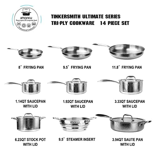 imarku Pots and Pans Set, 14PCS Kitchen Cookware Sets Tri-Ply Clad Stainless Steel with Hangered Handle and Lids, Suits Ceramic and Induction, Oven and Dishwasher Safe, Best Gifts for Women Man