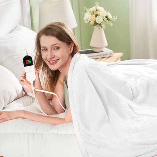 Electric Heated Blanket, Flannel & Sherpa Fast Heating Soft Fleece Heated King Blanket 90"x100" with 6 Heating Levels & 10H Auto Off - White
